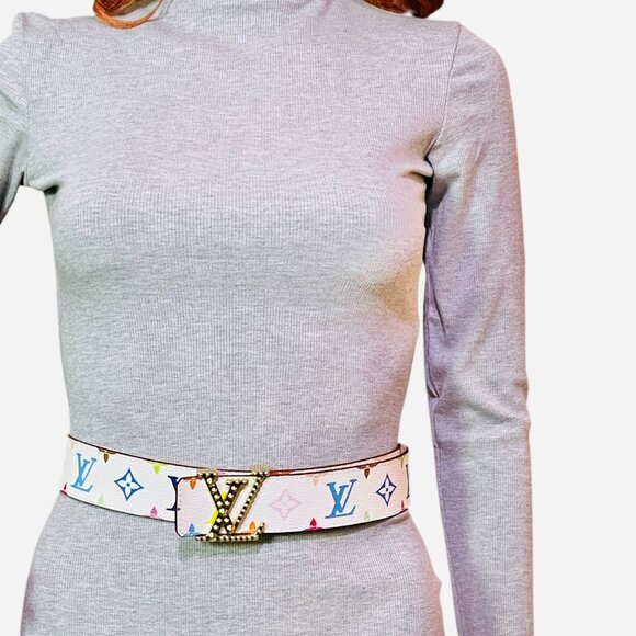LOUIS VUITTON Murakami Monogram Multicolor Studded LV Initiales Belt 90 36 White - Picture 2 of 15
